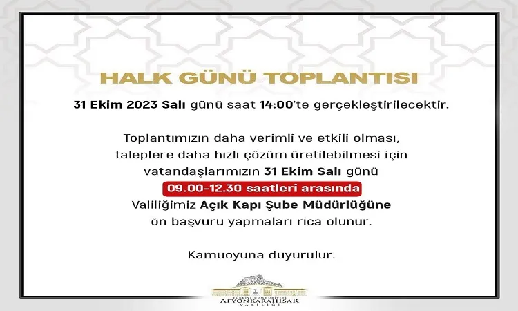  Valilik halk günü toplantısı saat 14:00 te